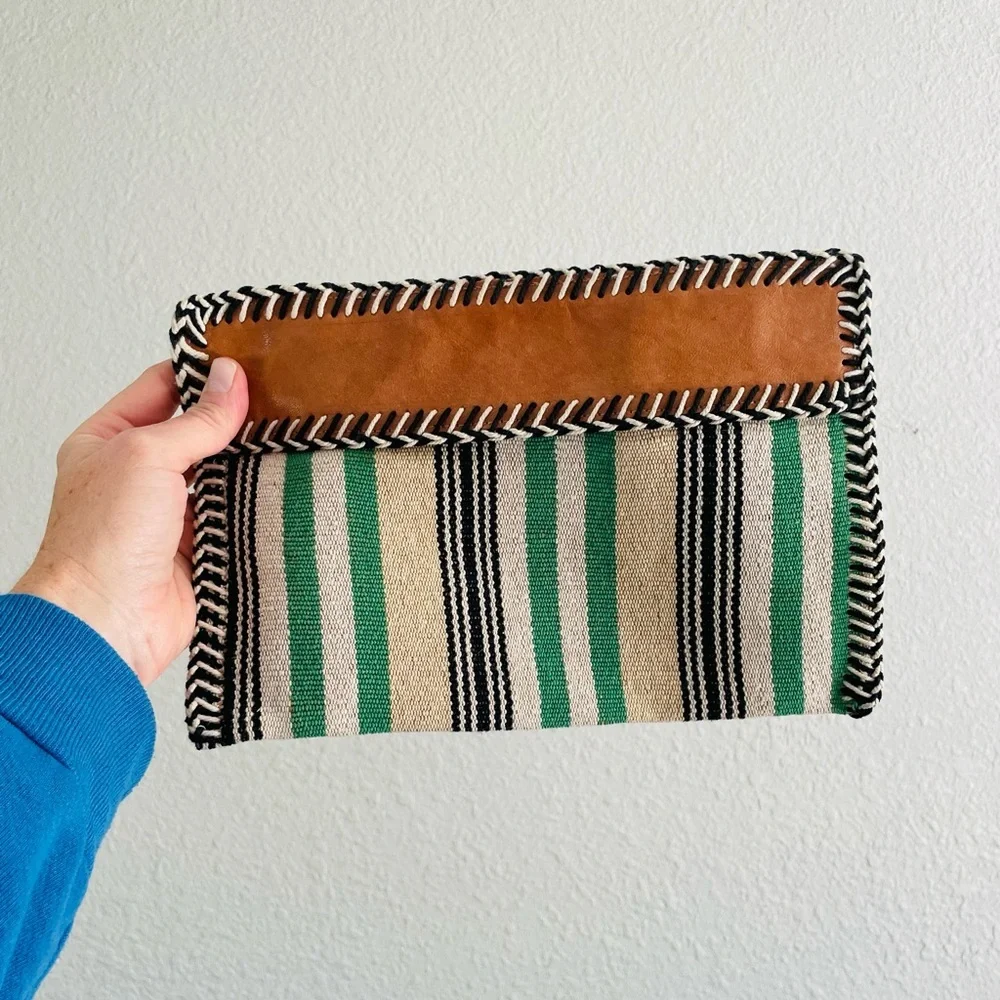 Shiraleah Boho Green Striped Leather Clutch